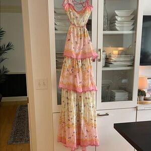 Pink & Cream Floral Maxi Dress with Tiered Skirt